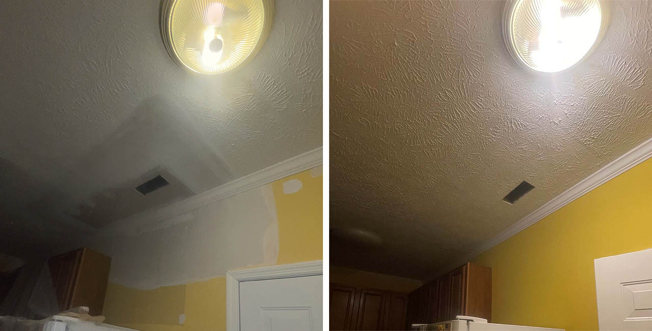 Texture match comparison showing seamless drywall patch blend in Fayetteville NC